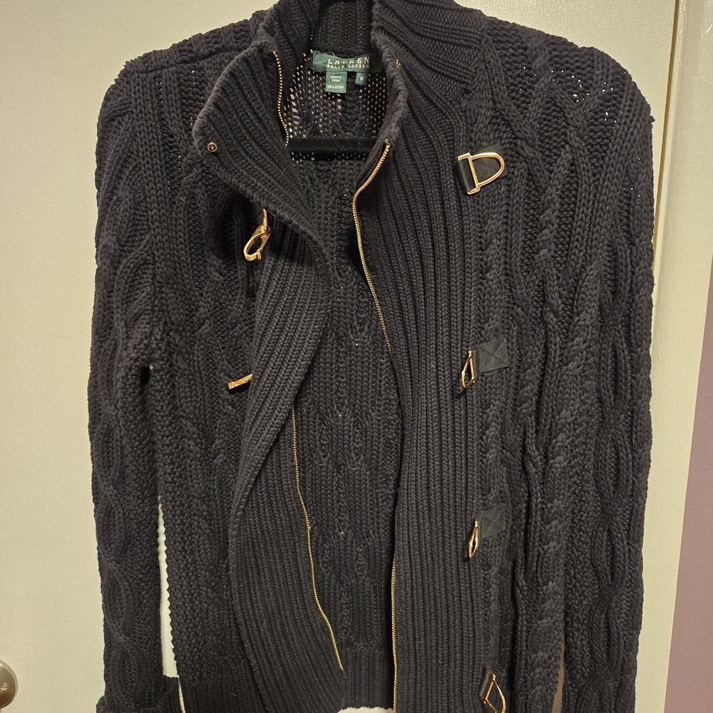 Ralph Lauren Black Cable Knit Turtleneck Sweater with Gold Buckles - Picture 7 of 11